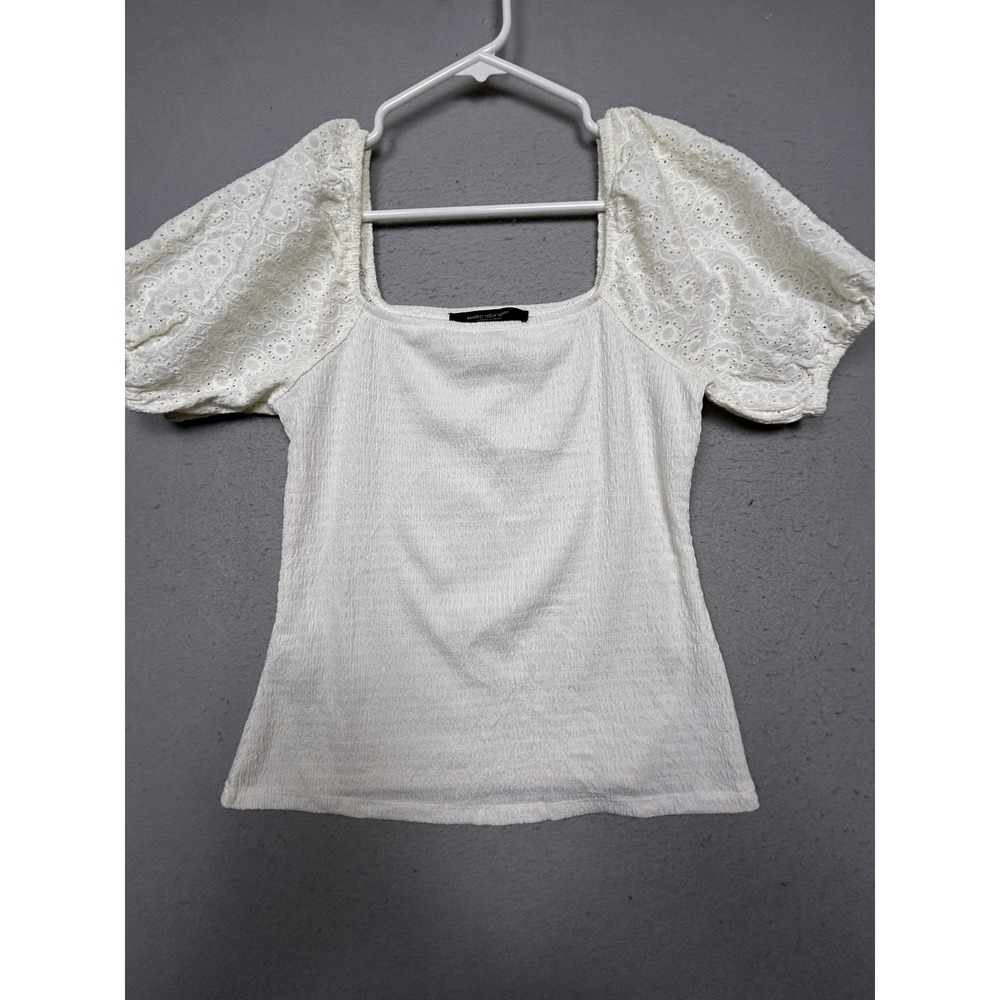 Marc New York Top Eyelet Smocked Puff Sleeve White Small Womens